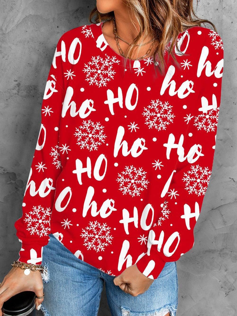Christmas Ho Ho Ho Lettering Round Neck Casual Top