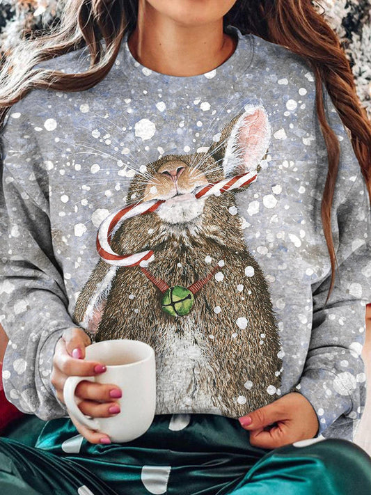 Women's Winter Christmas Bunny Print Top