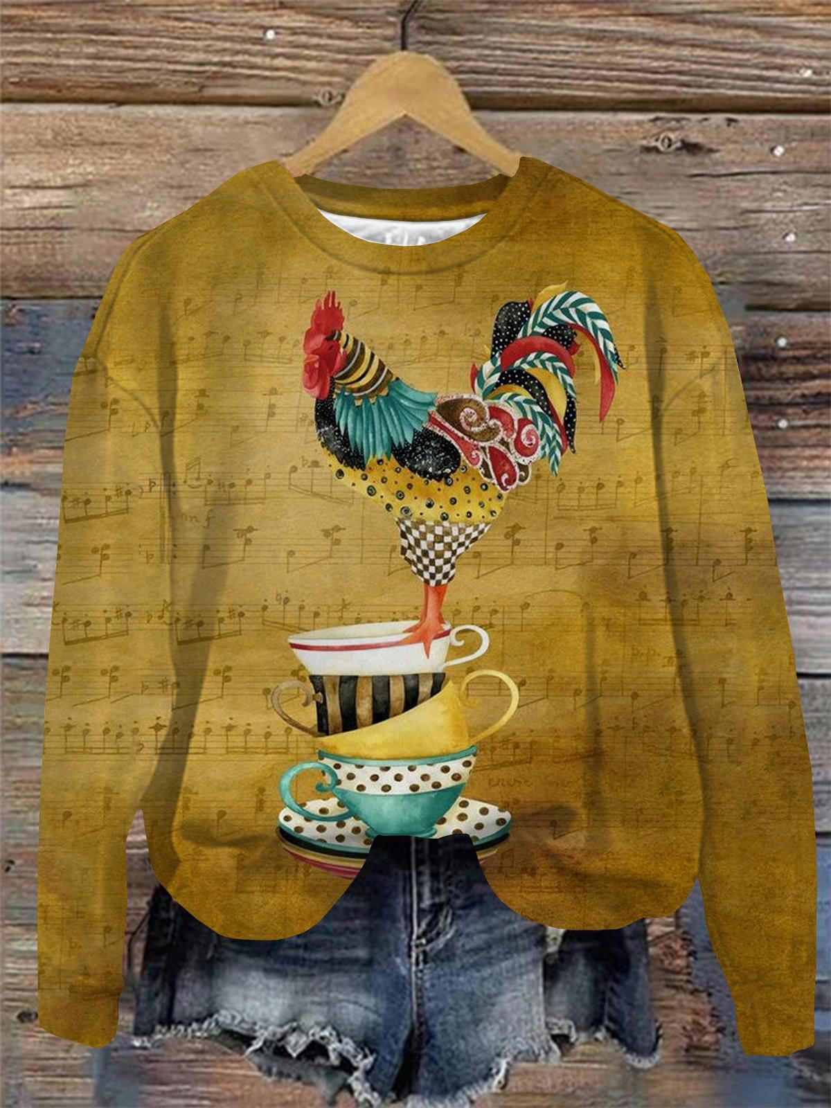 Vintage Rooster Cup Musical Note Women's Round Neck Long Sleeve Top