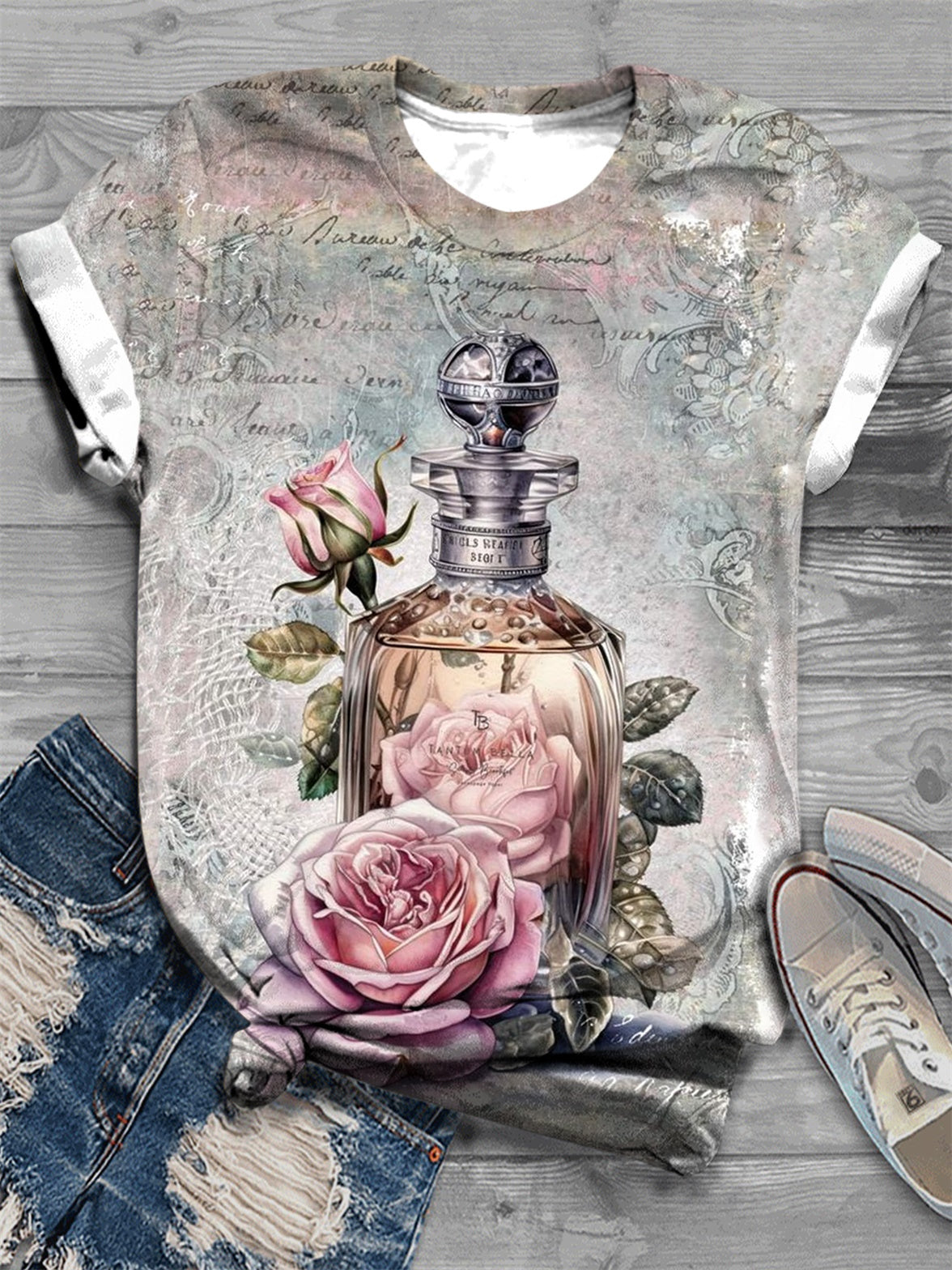Women's Retro Perfume Bottle Print Round Neck T-Shirt