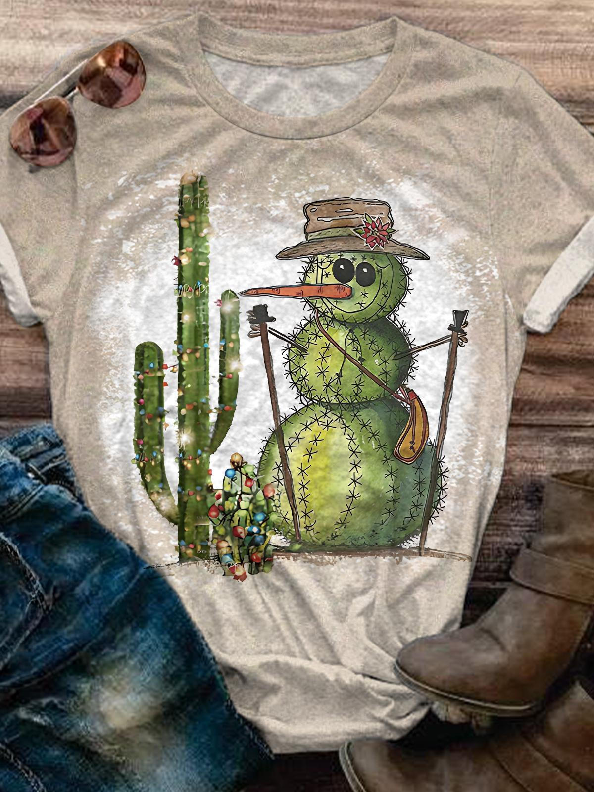 Cactus Snowman Print Crew Neck T-Shirt