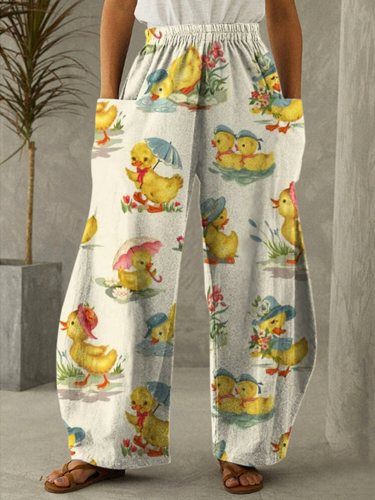 Vintage Cute Ducks Print Casual Pants