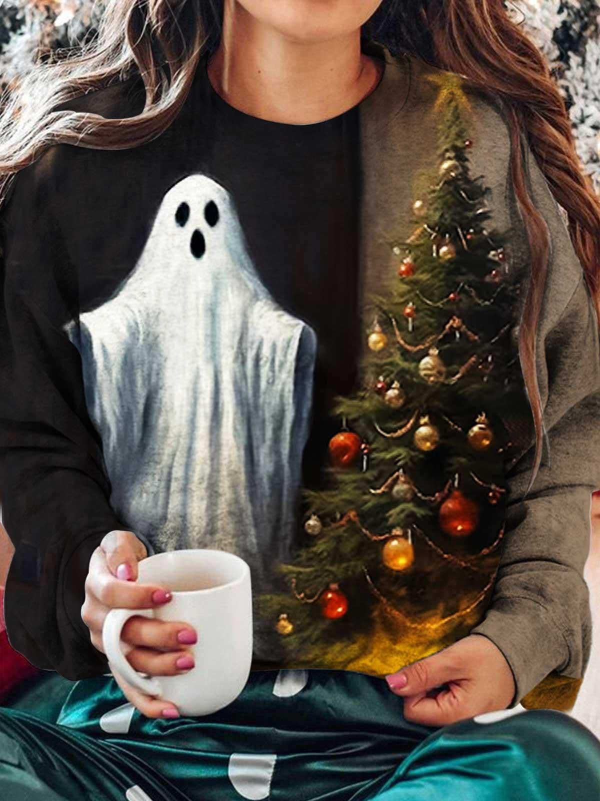 Ghost With Christmas Tree Printed Long Sleeve Casual Top