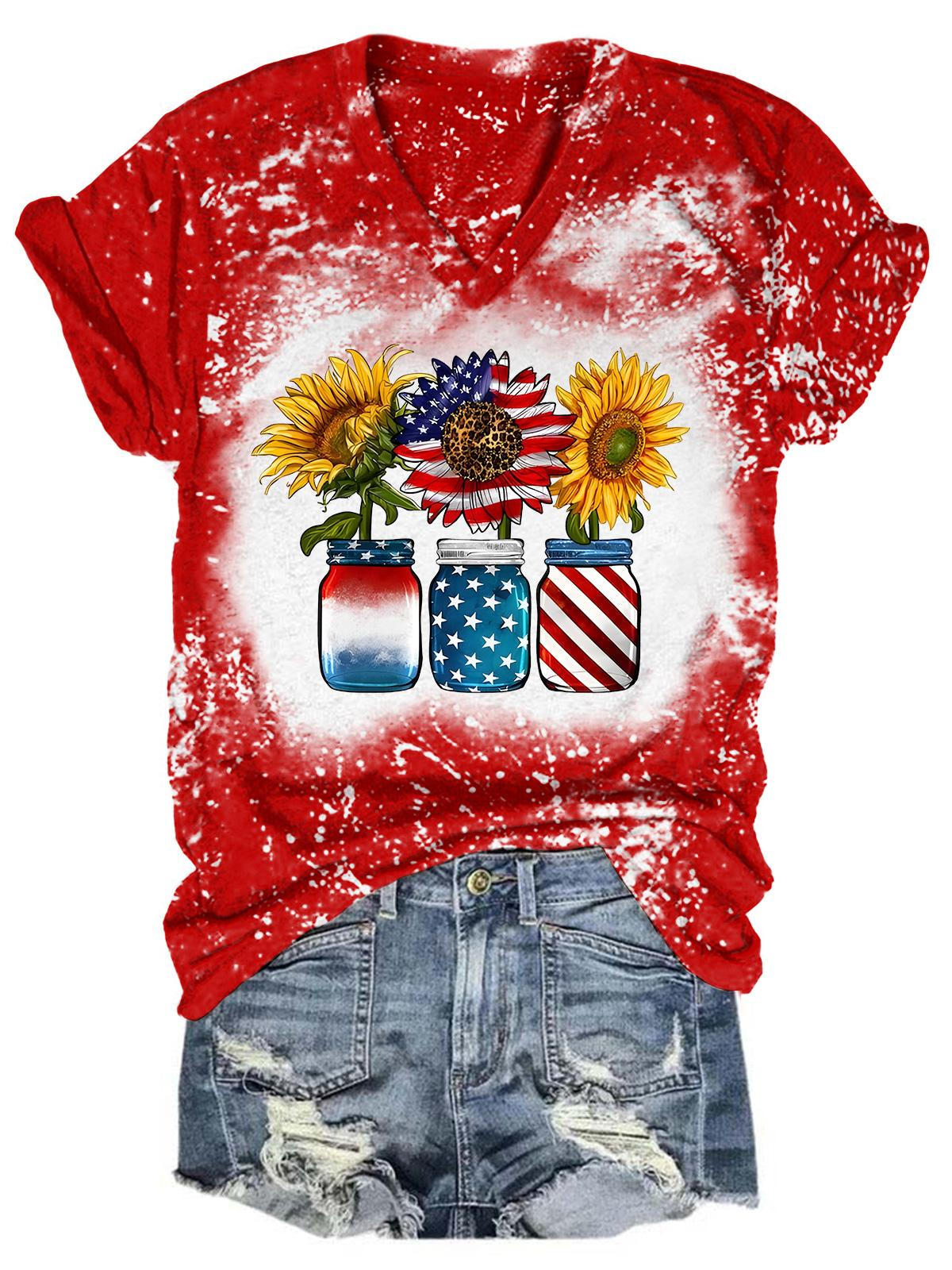T-Shirt mit V-Ausschnitt und Sonnenblume in Gläsern mit amerikanischer Flagge