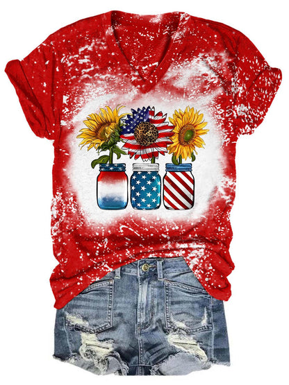T-Shirt mit V-Ausschnitt und Sonnenblume in Gläsern mit amerikanischer Flagge