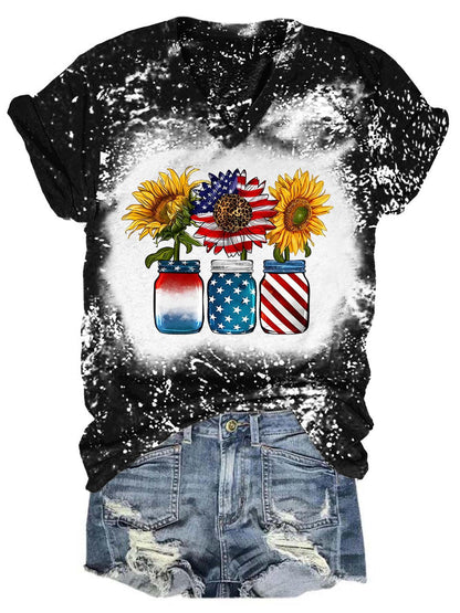 T-Shirt mit V-Ausschnitt und Sonnenblume in Gläsern mit amerikanischer Flagge