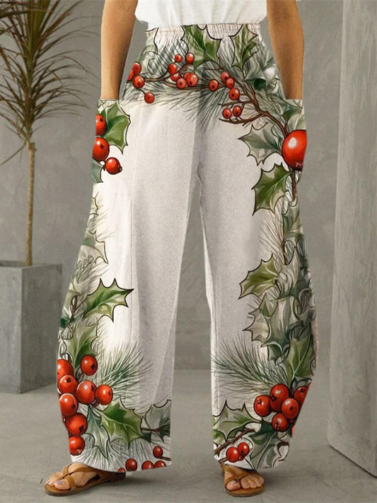 Christmas Floral Print Casual Trousers