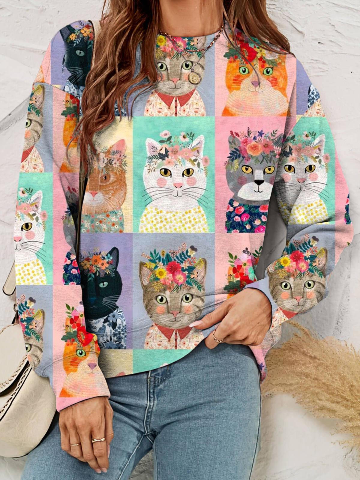 Women's Floral Cat Color Block Print Casual Long Sleeve Top