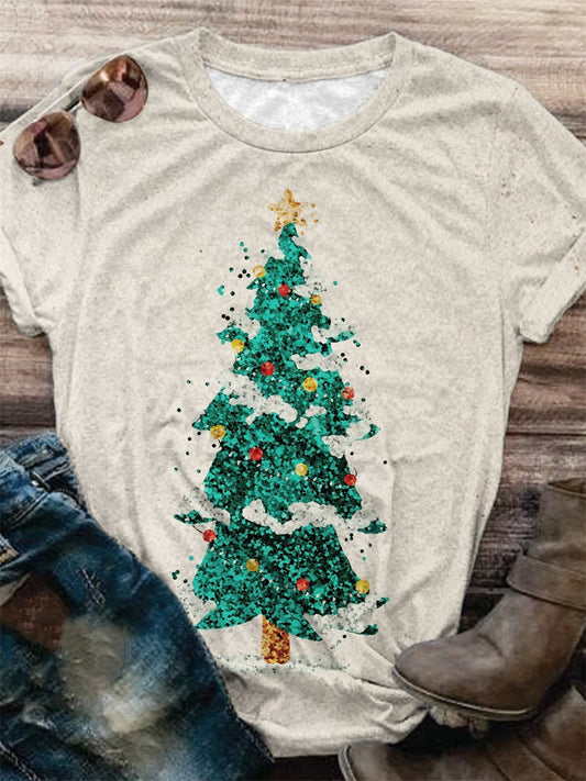 Glitter Green Christmas Tree Print Crew Neck T-Shirt