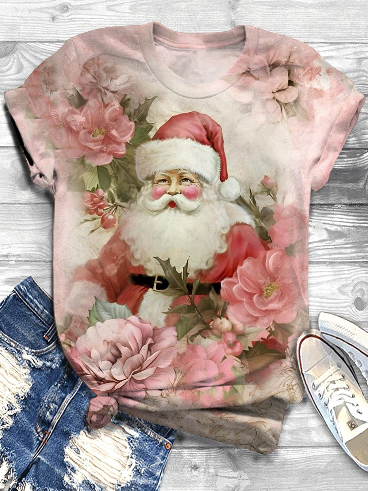Floral Santa Print Crew Neck T-shirt