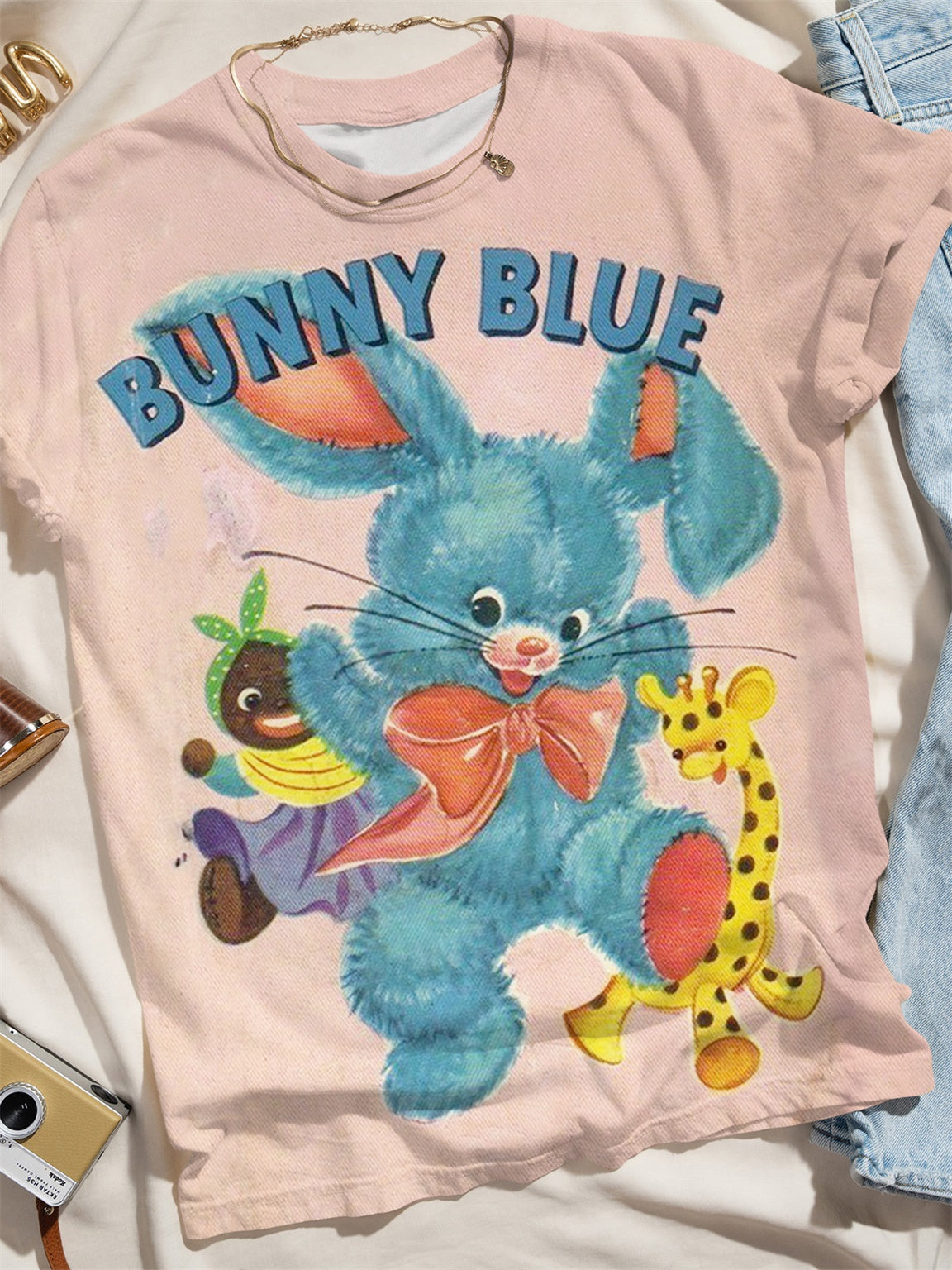 Bunny Blue Print Short Sleeve Crew Neck T-Shirt