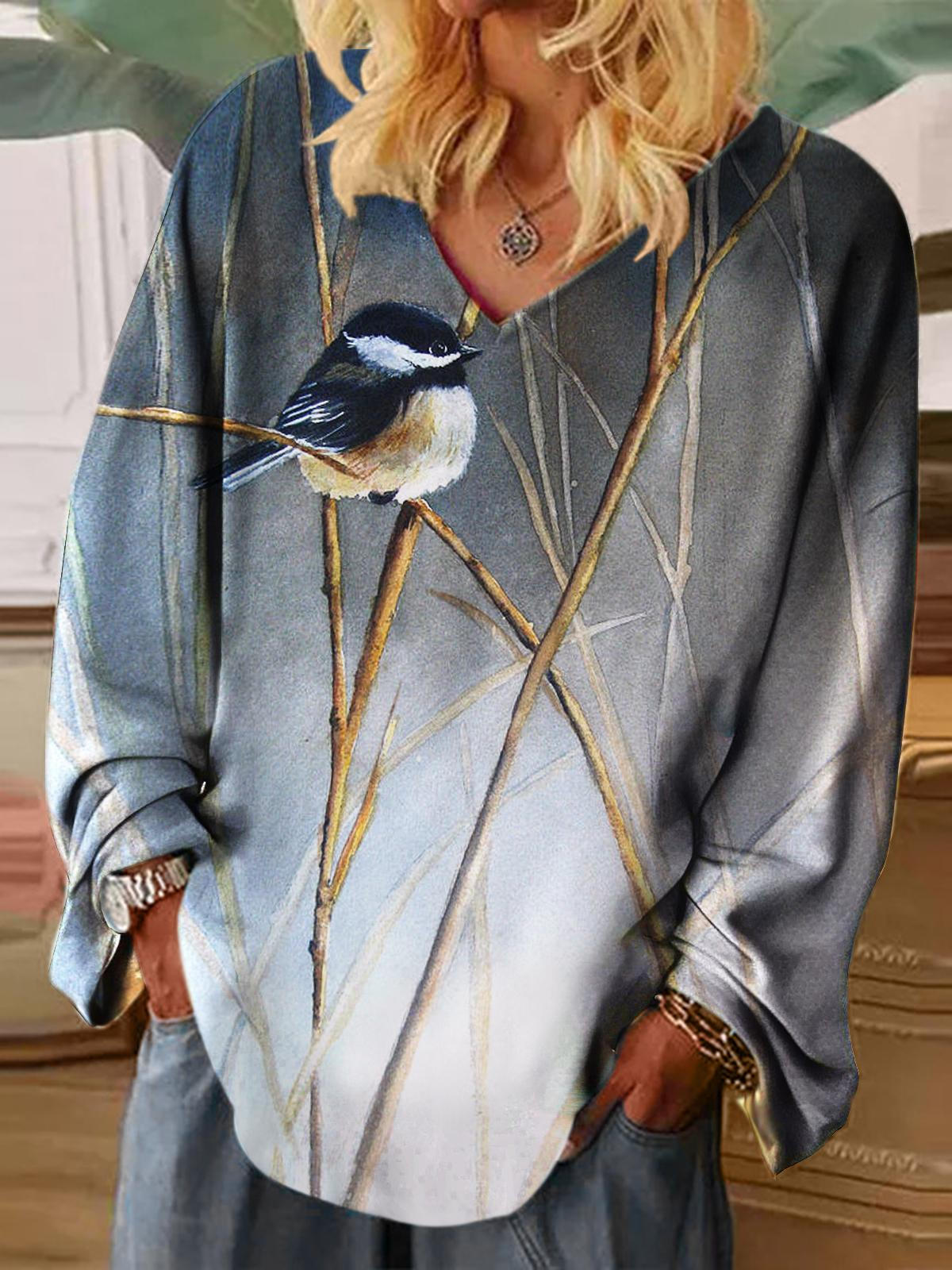 Women's Bird Print V-Neck Long Sleeve Top