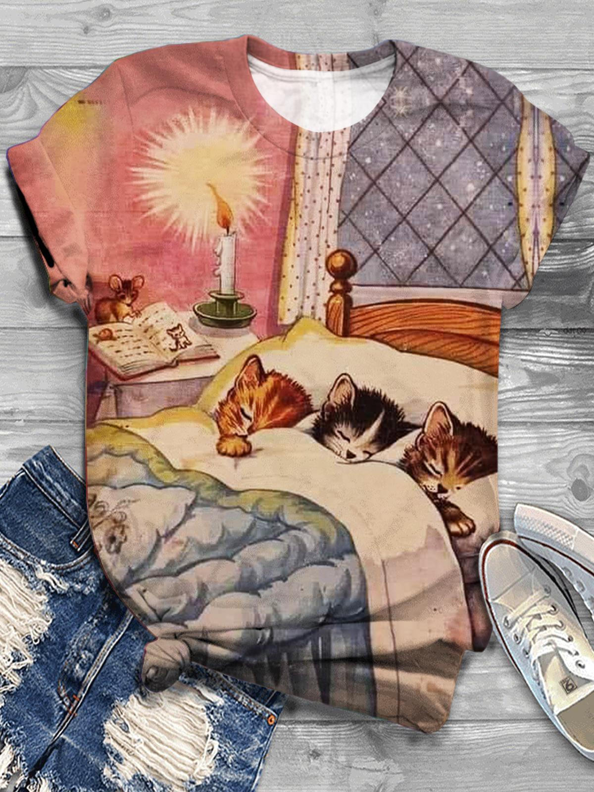 T-Shirt mit Rundhalsausschnitt und lustigem Katzen-Print 