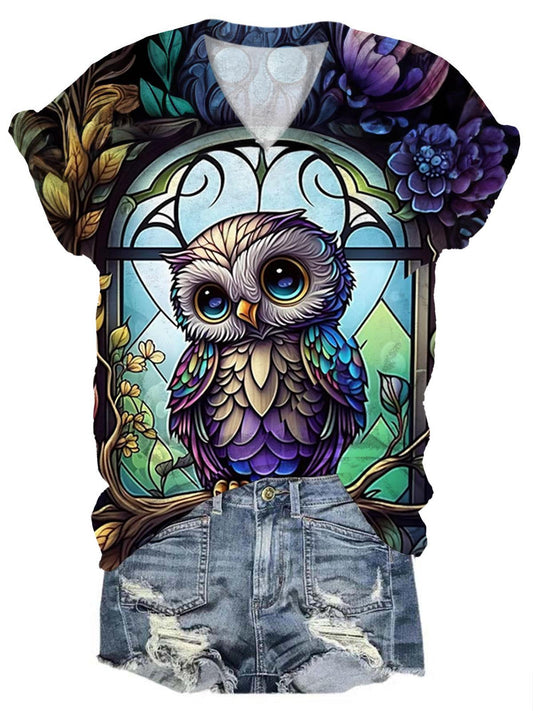 Owl Print V-Neck Short Sleeve T-Shirt