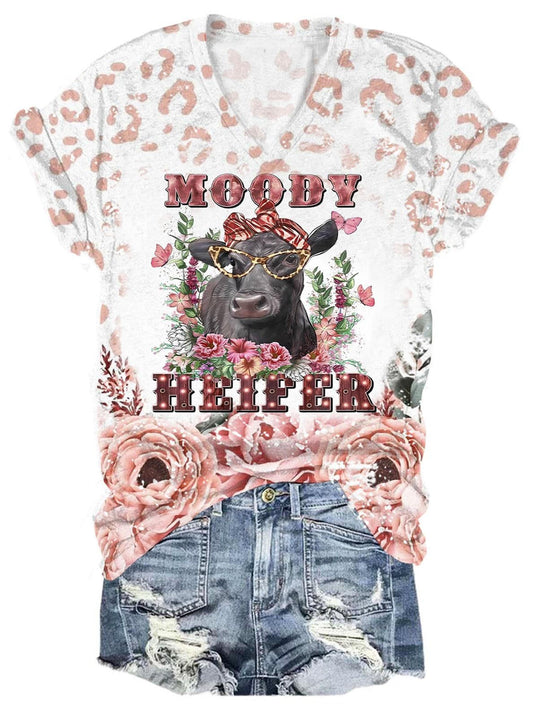 Moody Heifer Print V-Neck T-Shirt