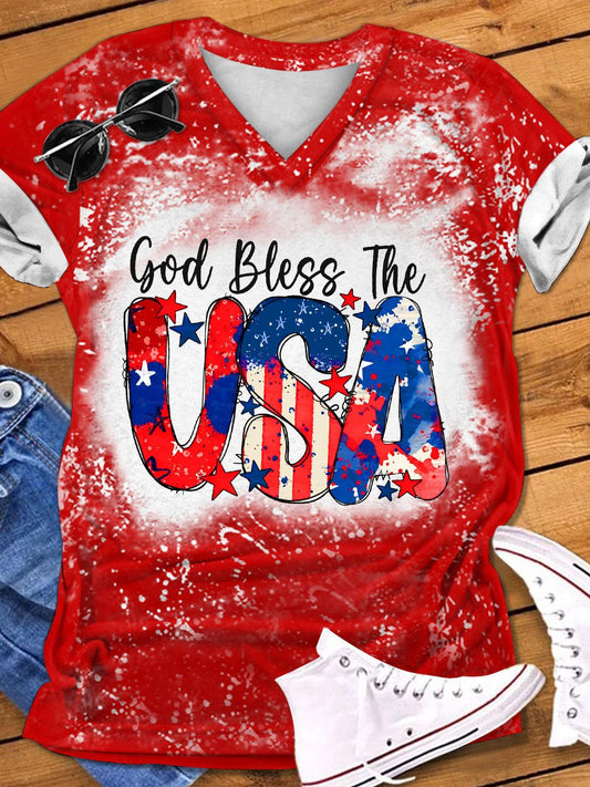 God Bless The USA Print V-Neck T-Shirt