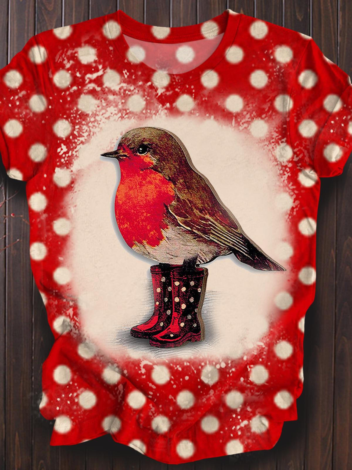 Retro Polka Dot Bird Print Casual Top