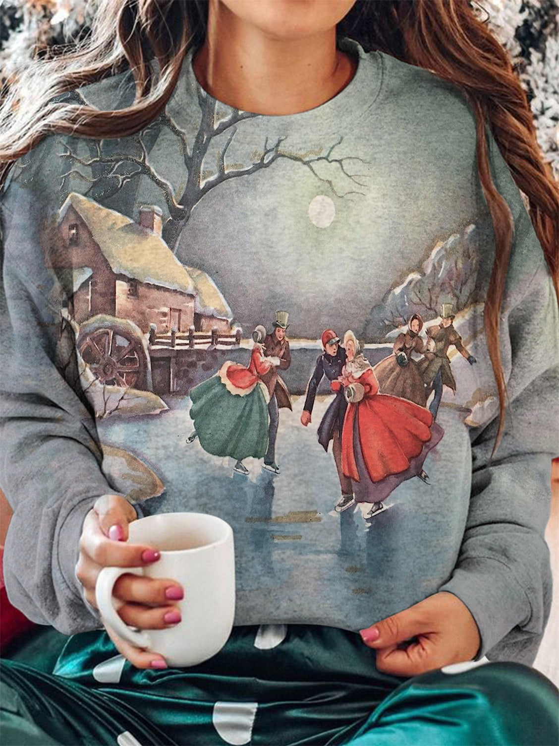 Women's Winter Illustration Printed Round Neck Long Sleeve Top