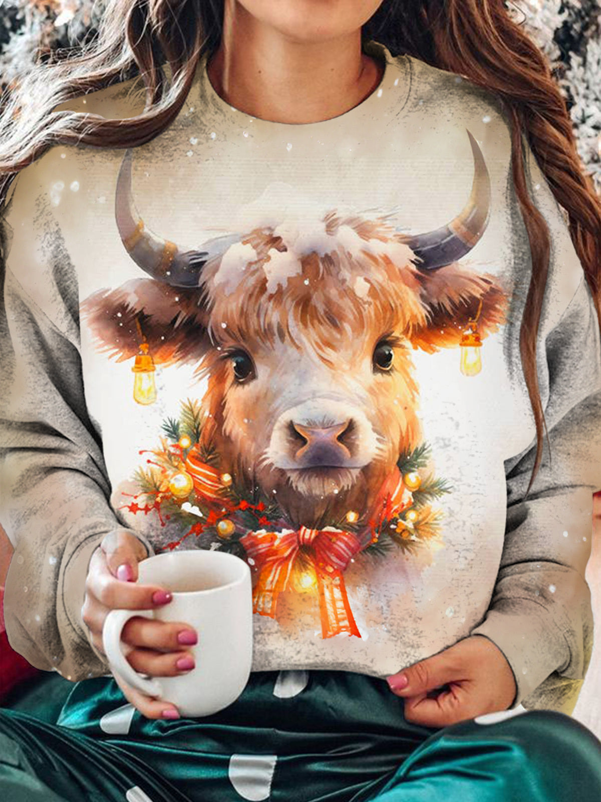 Christmas Light Highland Cow Long Sleeve Top