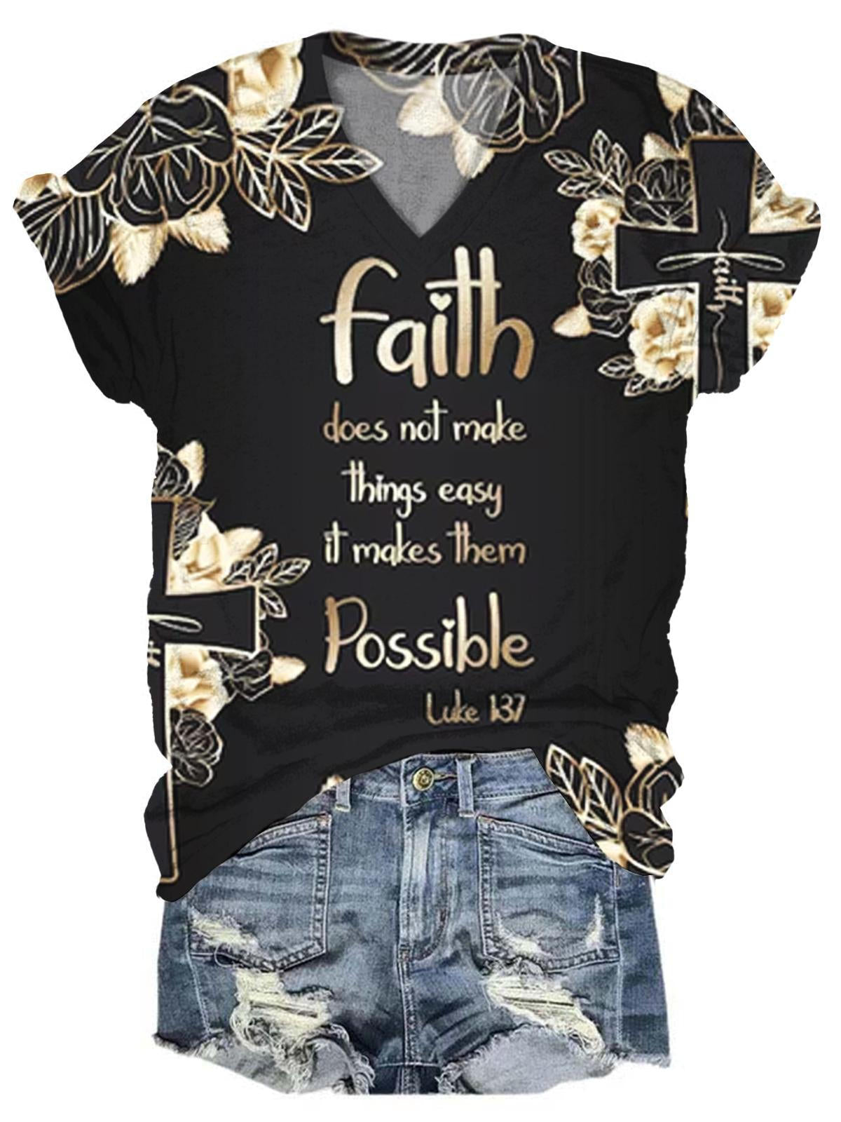 Women's V Neck Faith Print Top