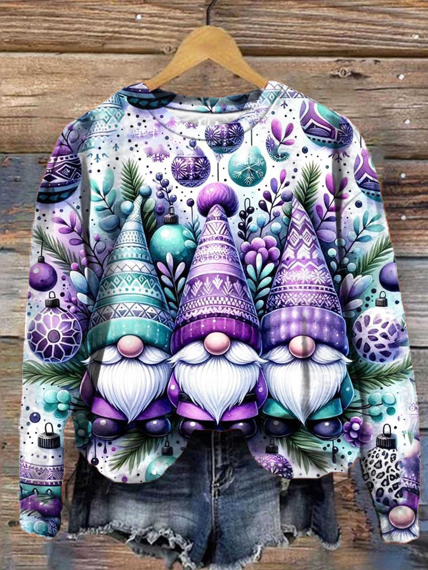 Winter Gnome Print Casual Long Sleeve Top