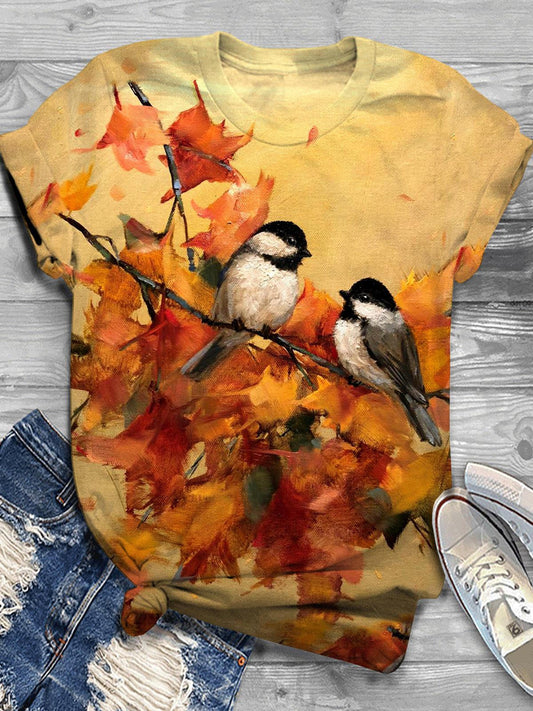 Fall Maple Leaf Bird Crew Neck T-Shirt