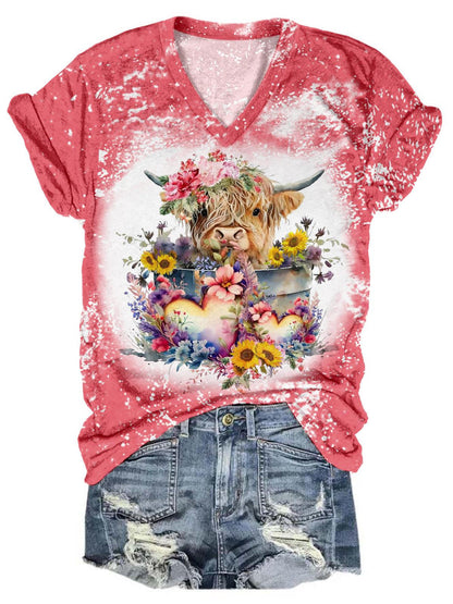 Heart Floral Highland Cow V-Neck Tie Dye T-Shirt