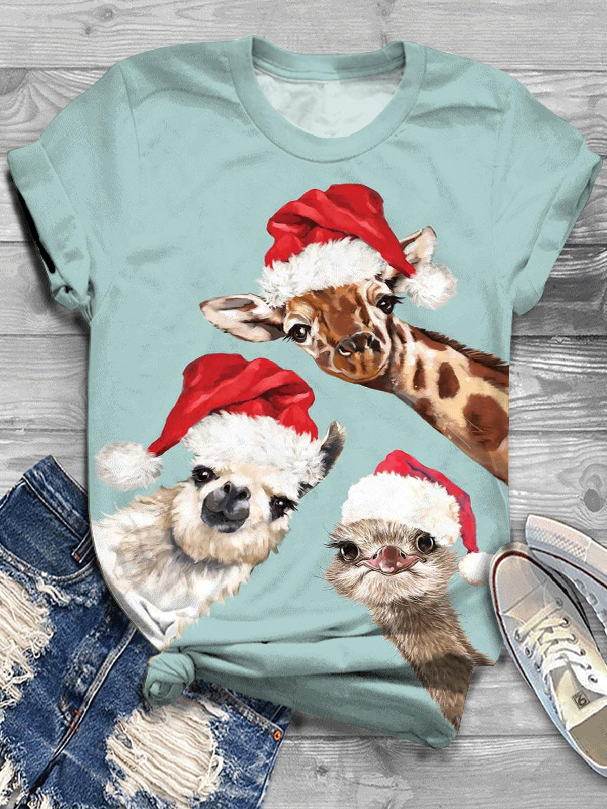 Christmas Animal Print Crew Neck T-shirt