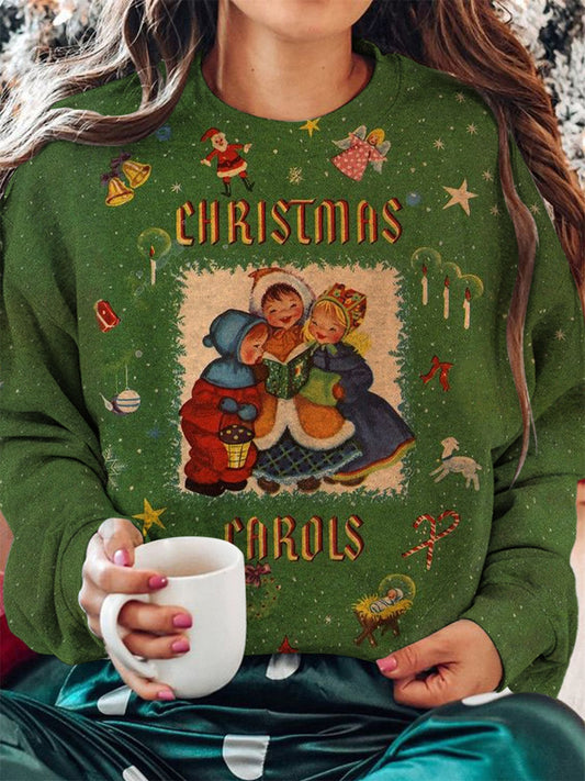 Vintage Christmas Carol Print Crew Neck Long Sleeve Top