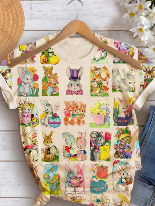 Vintage Easter Bunnies Print Crew Neck T-shirt