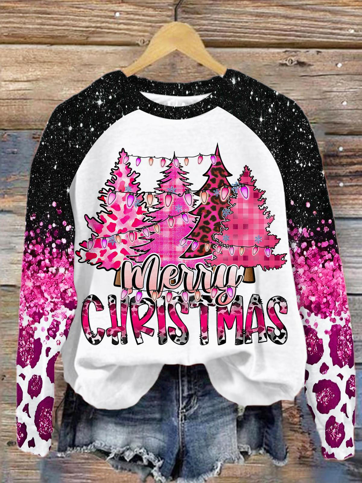 Merry Christmas Snow Print Long Sleeve Top