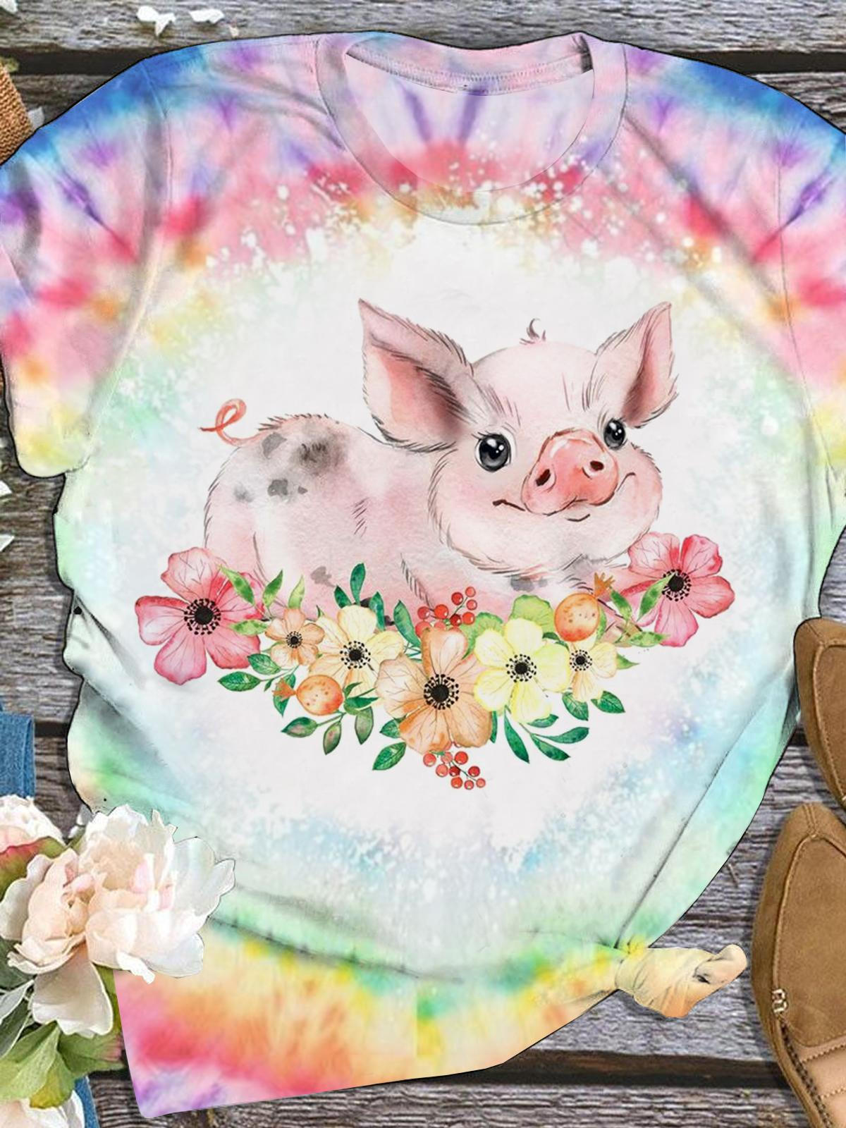 Pig Flower Tie Dye Crew Neck T-shirt
