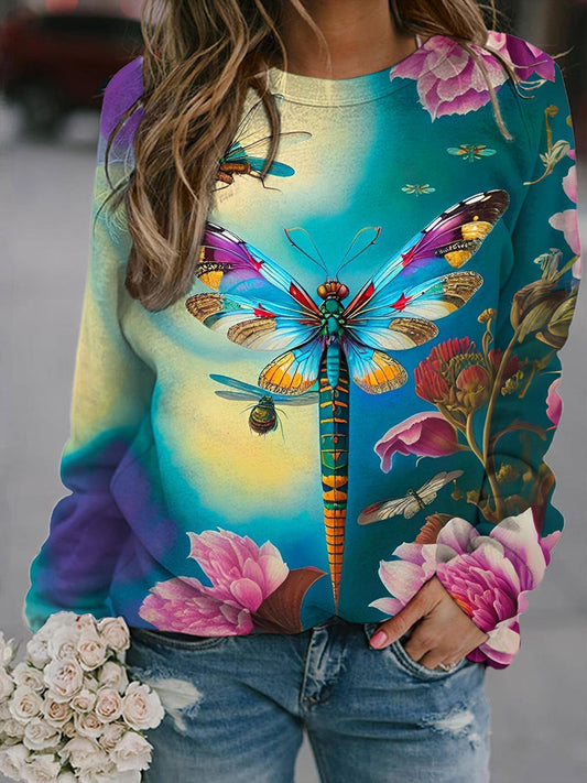 Pink Floral Dragonfly Long Sleeve Casual Top