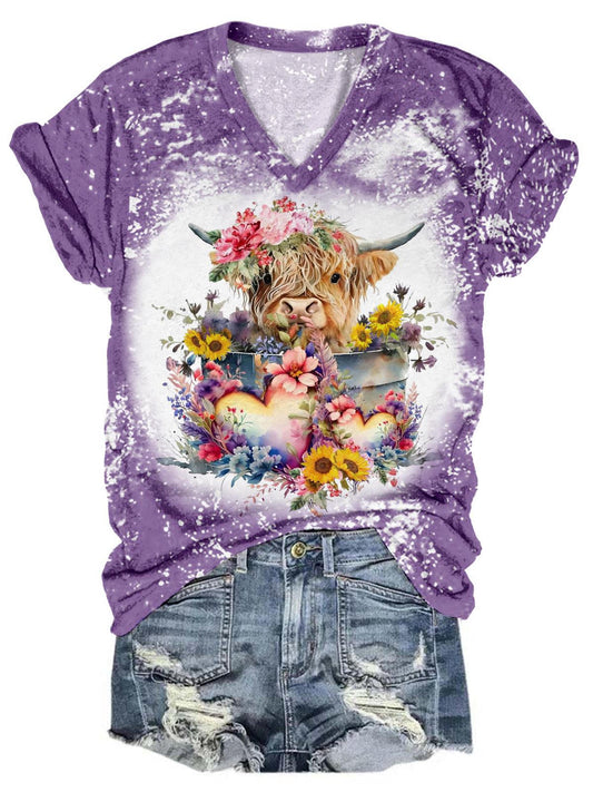 Heart Floral Highland Cow V-Neck Tie Dye T-Shirt